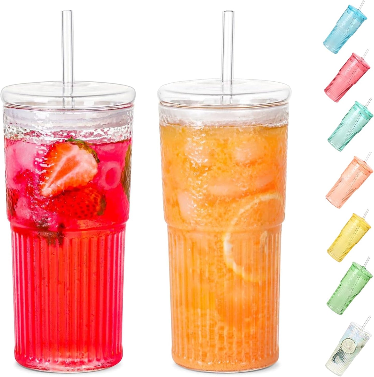 Glass Cups With Lids and Glass Straws，20 OZ High Borosilicate Glass Tumbler Iced Coffee Water Smoothie…
