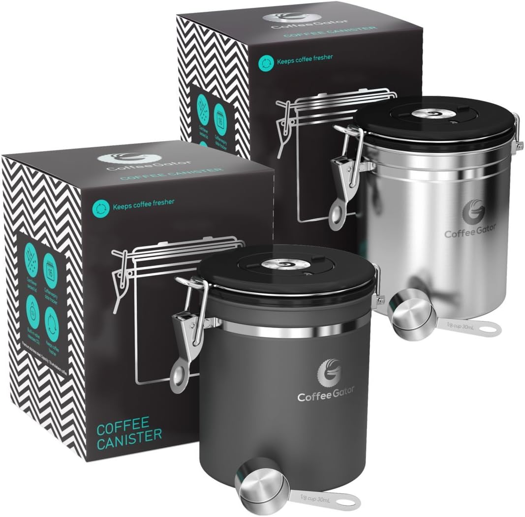 Coffee Gator Coffee Canister, 2pack 16oz Airtight Stainless Steel Kitchen Food Storage Container with Date Tracker, Scoop for Grounds Coffee Bar Accessories, Beans, Tea, Sugar, Flour - Gray&Silver