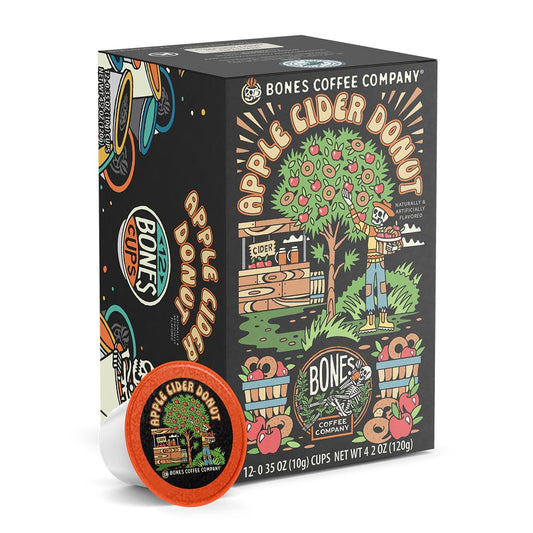 Bones Coffee Company Apple Cider Donut Flavored Coffee Pods, Low Acid Medium Roast Single-Serve Bones Cups, Compatible with 1.0 & 2.0 K-Cups Brewers Coffee Maker, 12 Count