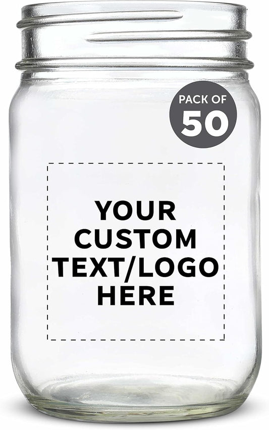DISCOUNT PROMOS Custom Decorating Mason Jars 12 oz. Set of 50, Personalized Bulk Pack - Glass Jars for Overnight Oats, Candies, Fruits, Pickles, Spices, Beverages - Clear