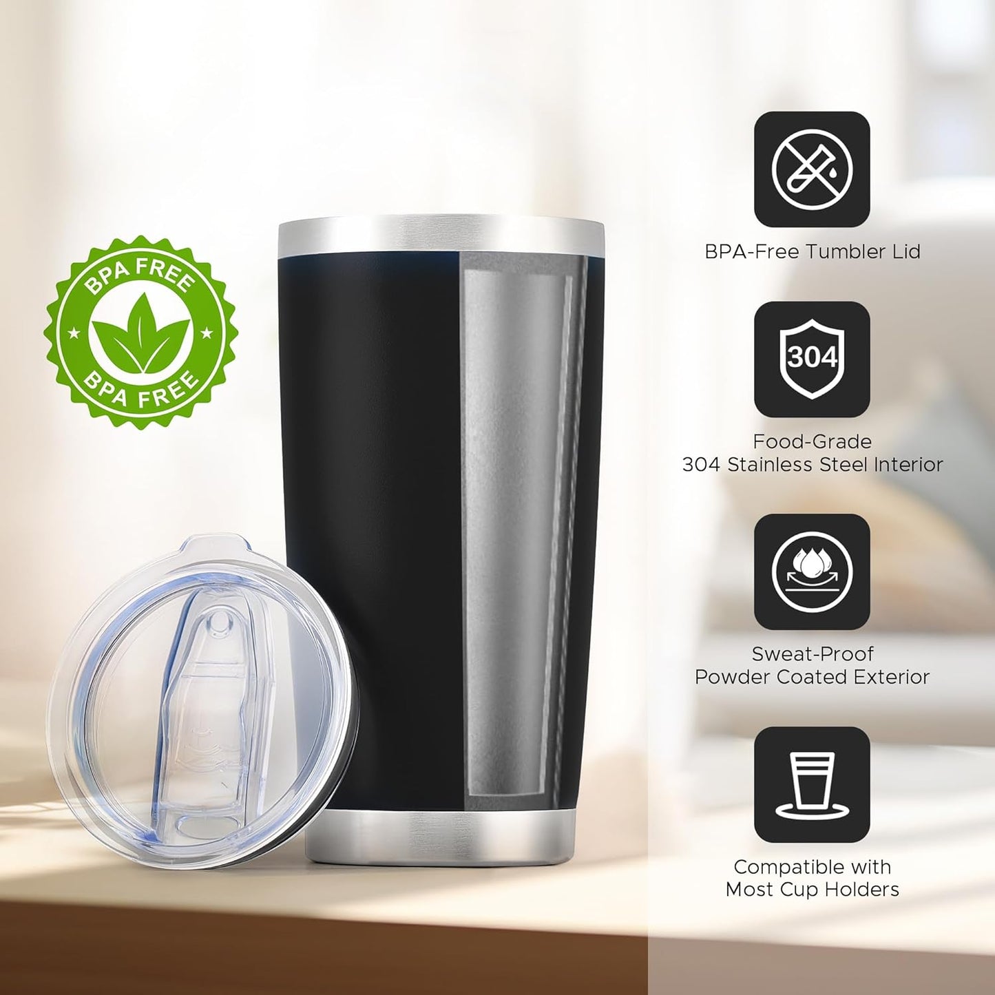 OMTech 20oz Tumblers Bulk, 6pc Stainless Steel Tumbler Set with Lid & Straw, Double Wall Vacuum Insulated Mug for Laser Engraver, Travel Coffee Mug for Hot & Cold Drinks, Black Powder Coated Cup