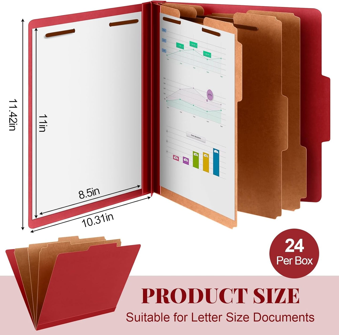 24 Pcs Classification Folders Letter Size, Back to School Supply for Teacher, Student, 3 Dividers Pressboard File Folder Bulk with 2 Fasteners, 3.5 Inch Expanding File Organizer (Red)