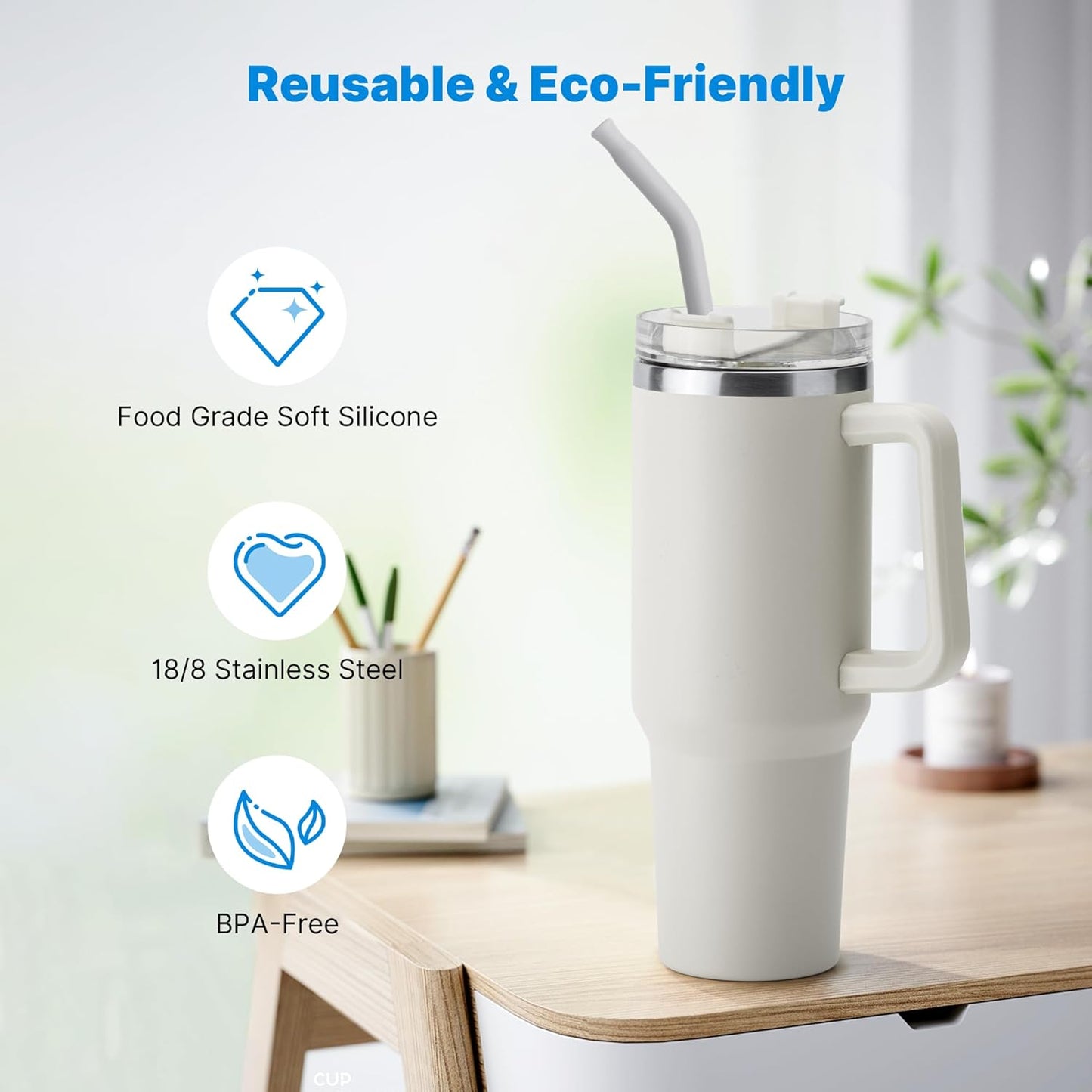 Metal Straw with Silicone Tip for 30oz Stanley Cup, 2 Pcs Stainless Steel Straws Replacement for Stanley 30 oz Adventure Quencher Travel Tumbler Cup, 1 Straw Brush (Cream Grey)