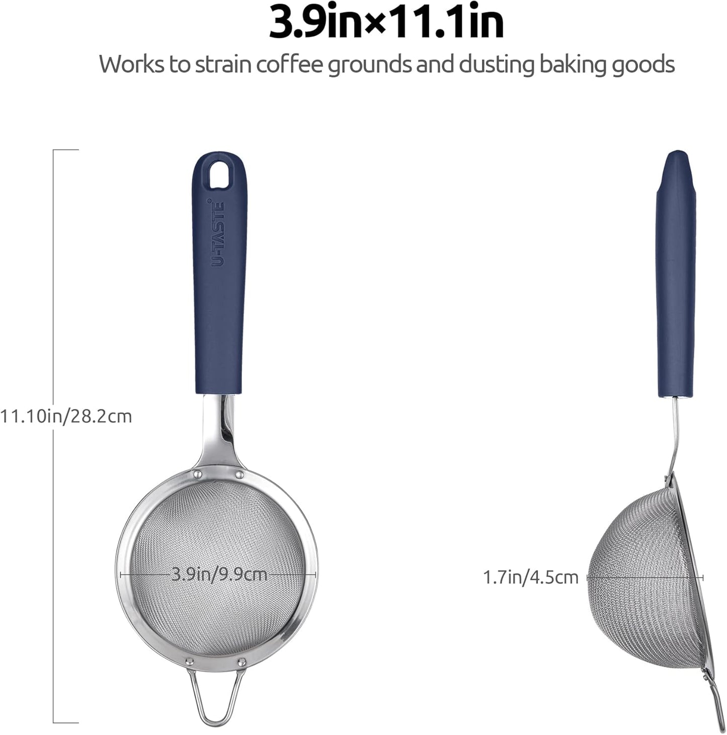 18/8 Stainless Steel Mesh Strainer: U-Taste 3.9 Inch Kitchen Fine Mesh Sieve Food Colander with Riveted Sturdy Silicone Handle and 30 Mesh Hole for Straining Flour, Quinoa, Tea, Juice (Midnight Blue)