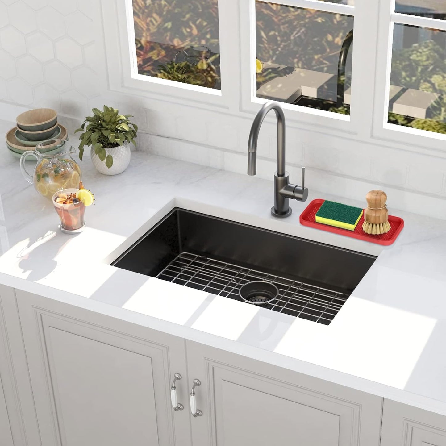 EG-SIPRO Kitchen Sink Organizer Tray,Sponge Holder for Kitchen Sink Bathroom Counter Tray Sponge Caddy Silicone Soap Holder for Soap dispenser, Bottle, Dishwashing Accessories(2-pack)