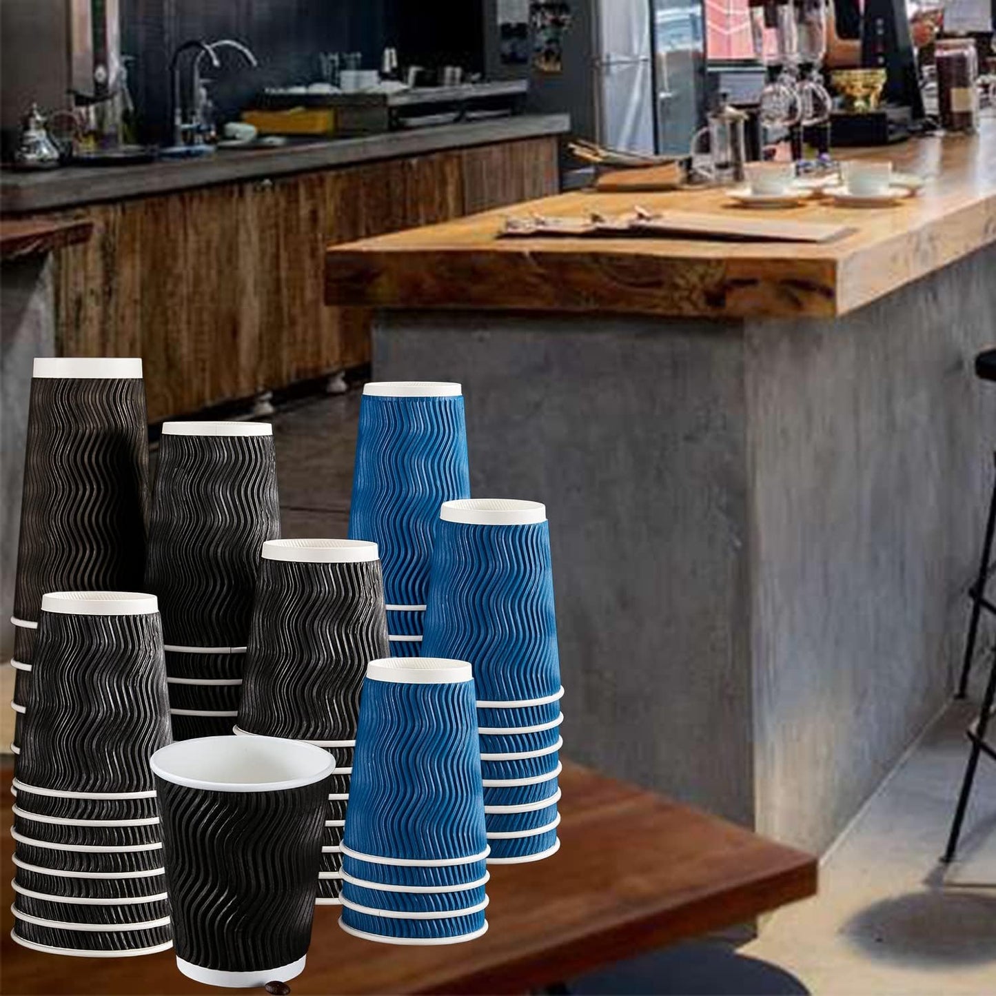 Lamosi 12 oz Disposable Coffee Cups - 120 Pack, Insulated Corrugated Paper Cups 12 oz, Kraft Ripple Wall Cups for Hot Beverage or Cold Drinks Office/Home/Party/Travel/Cafe (Black)