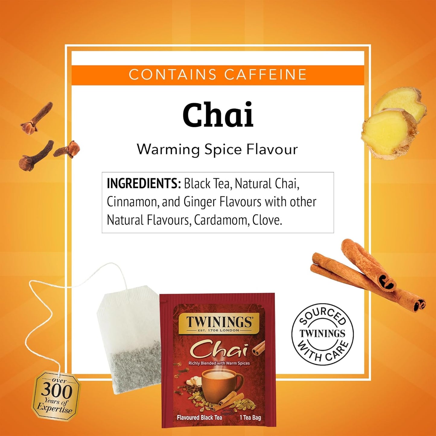 Twinings Chai Black Tea Individually Wrapped Bags, 20 Count (Pack of 6), Sweet, Savoury Spices, Caffeinated, Enjoy Hot or Iced, 120 Teabags