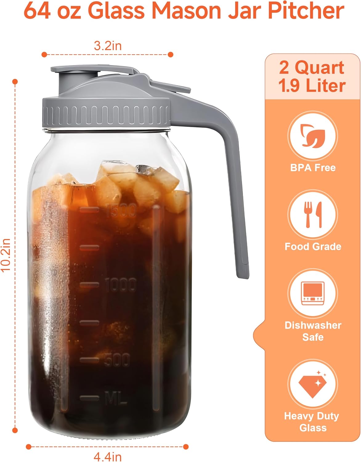64oz Large Mason Jar Pitcher with Lid,2 Quart Airtight Glass Tea Pitchers for Fridge, Leak-Proof Coffee Dispenser,Heavy Duty Water Container for Cold Brew Juice,Breastmilk Storage-(Black+Green+Yellow)