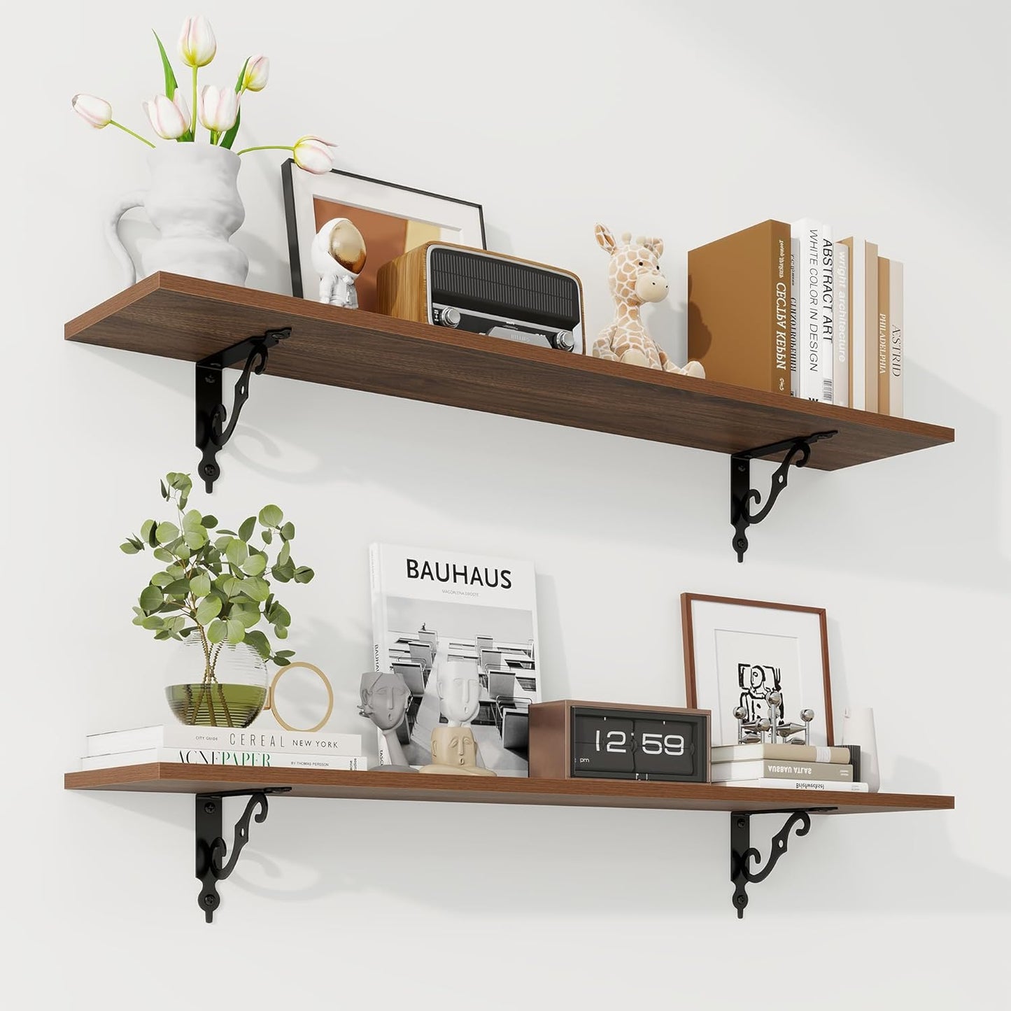 RICHFOCUS Floating Shelves for Wall Decor, 39.4W x 8D Wall Shelves Set of 2, 8 Inch Deep Rustic Wood Shelves Wall Mounted with Brackets, Long Floating Shelves for Living Room Bedroom Kitchen, Walnut