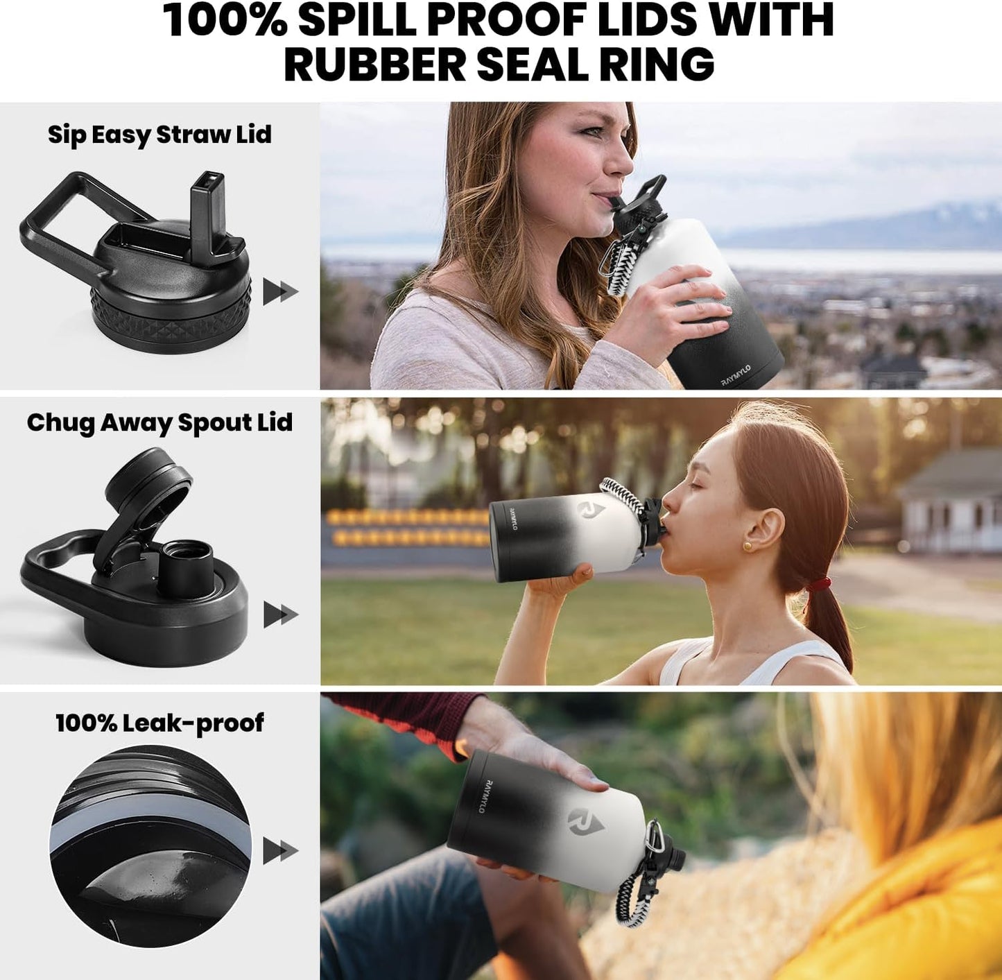 One Gallon Water Bottle Insulated, Triple Walled Vacuum Stainless Steel (Cold for 48 Hrs), Leak Proof & Non-BPA, Large Water Flask Jug with Paracord Handle & Straw Spout Lids