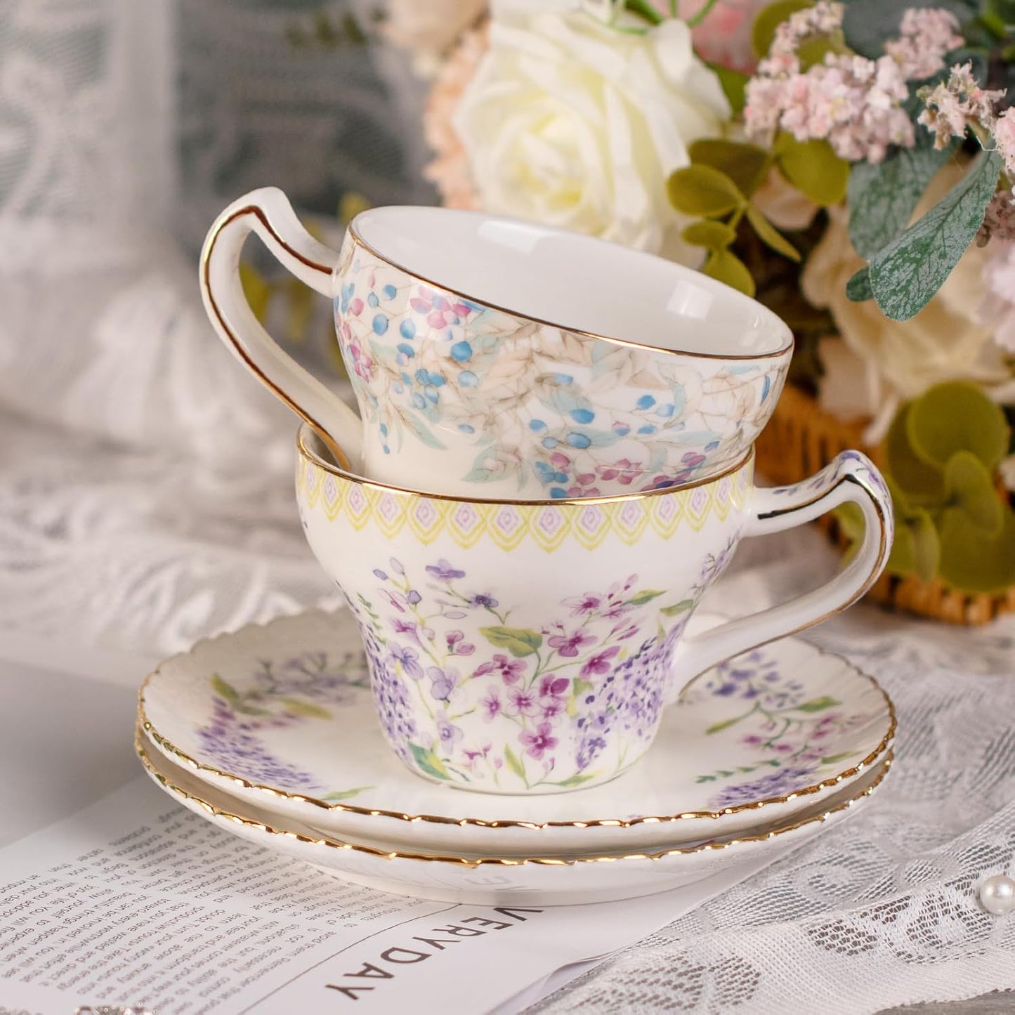 KAMMAK Tea Cups and Saucers Set of 2, Reinforced Porcelain Coffee Cups, 7.4-Ounce Stackable Espresso Mugs, Ceramic Demitasse for Coffee, Cappuccino, Latte, Americano, Tea, Lilac + Colorful