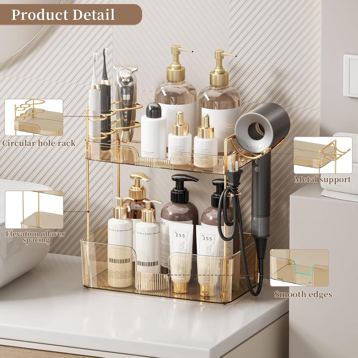 YCIA&DONE Bathroom Counter Organizer, Large Makeup Organizer Countertop, Shelf Storage, Vanity Tray, Easily Assemble for Bathroom Organizers and Storage, Undersink, Cabinet,2 Tiers Amber