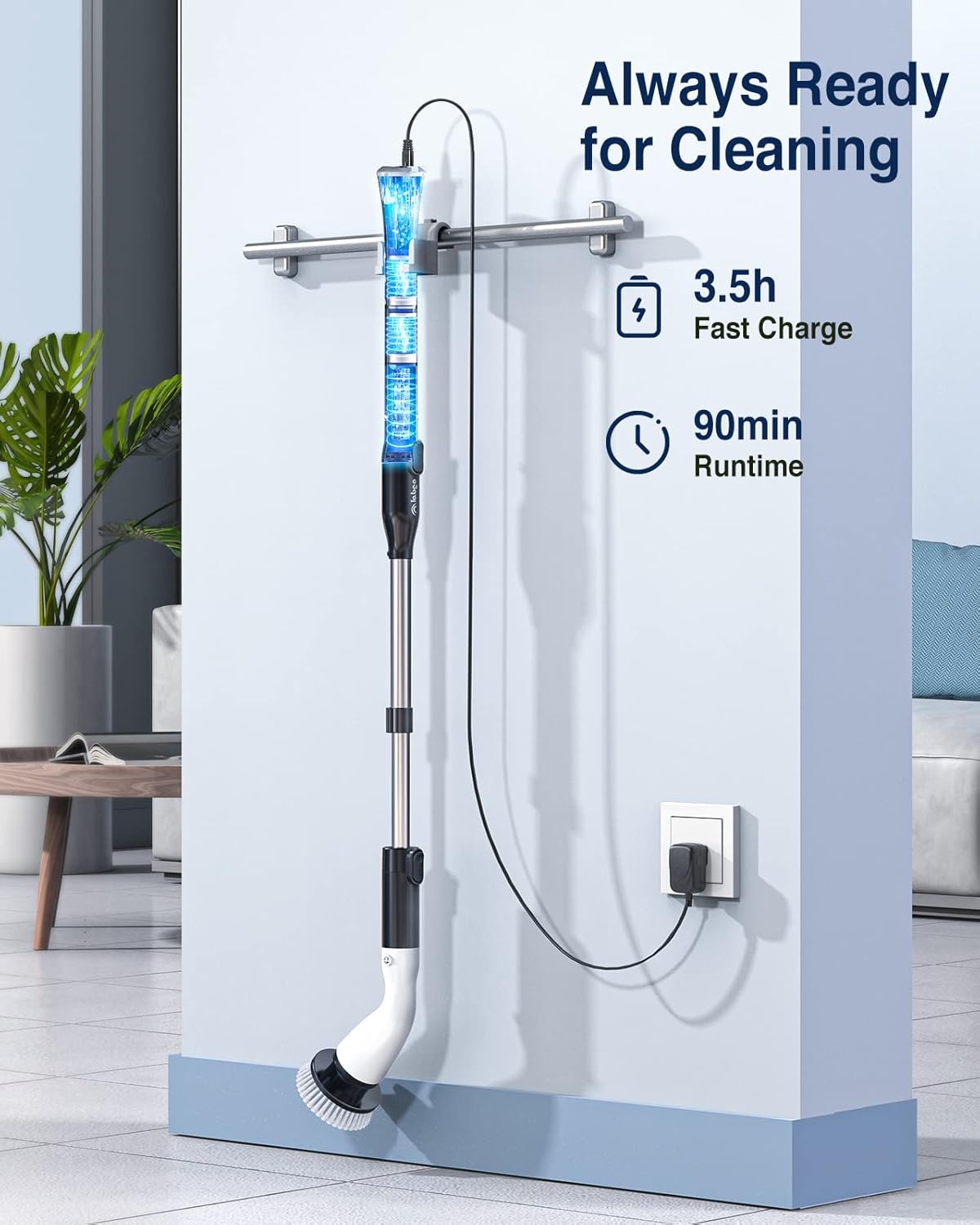 LABIGO Electric Spin Scrubber LA1 Pro, Cordless Spin Scrubber with 4 Replaceable Brush Heads and Adjustable Size Extension Handle Power Full Cleaning Brush for Bathroom Floor, Light Black
