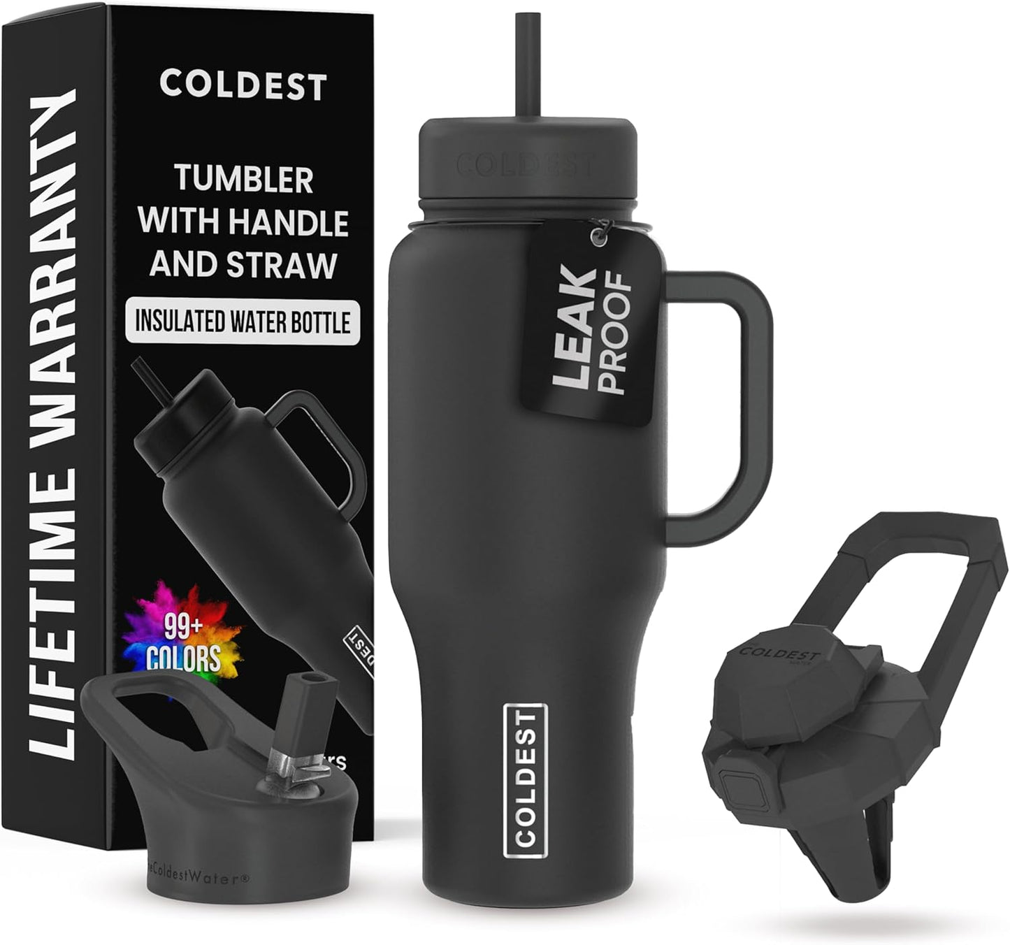 Coldest 40 oz Tumbler with Handle and Straw - 100% Leak Proof Insulated Tumbler with Lid and Straw (3 Lids) - Stainless Steel Tumblers for Women & Men - Cup Holder Friendly Base, 36 oz (Stealth Black)