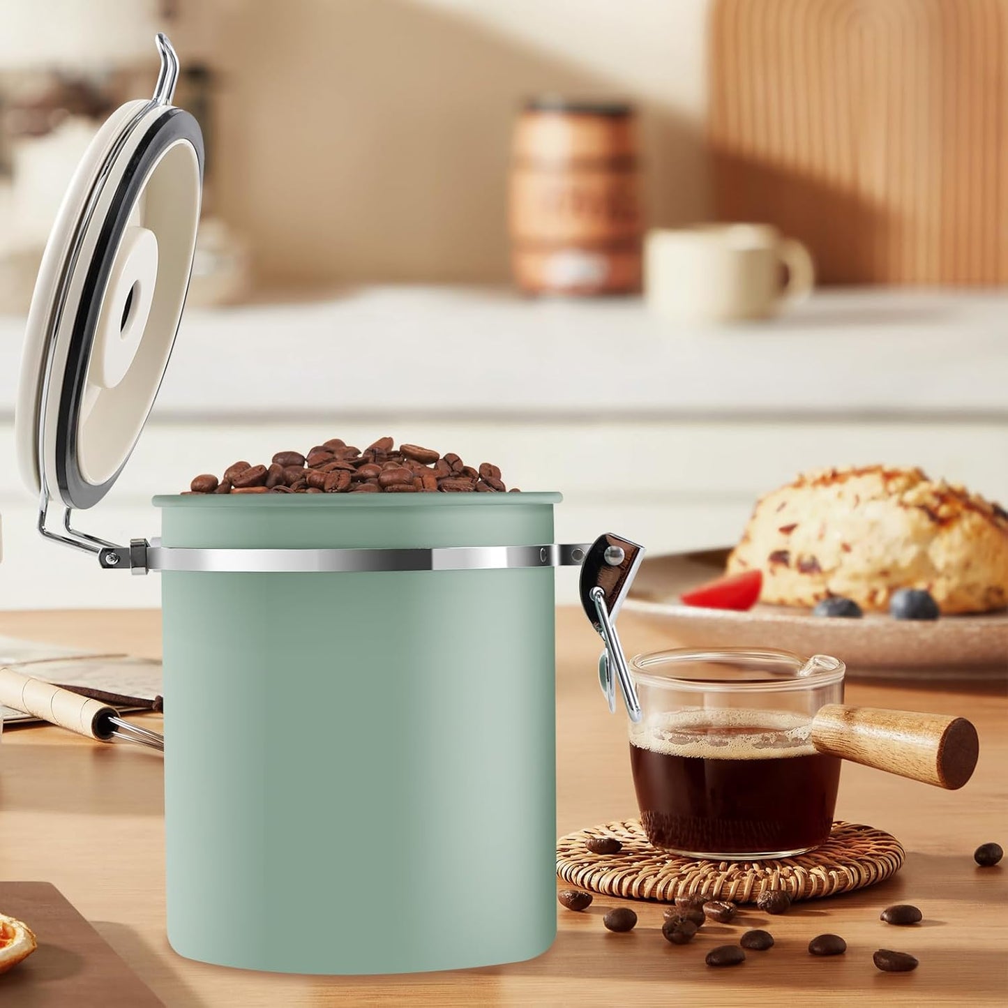 2Pcs Coffee Storage Canister 1.5L Double Airtight Coffee Beans Container with Date Locator 304 Stainless Steel Kitchen Food Storage Container with Spoon for Coffee Beans Grounds Tea,Green Sugar,Green