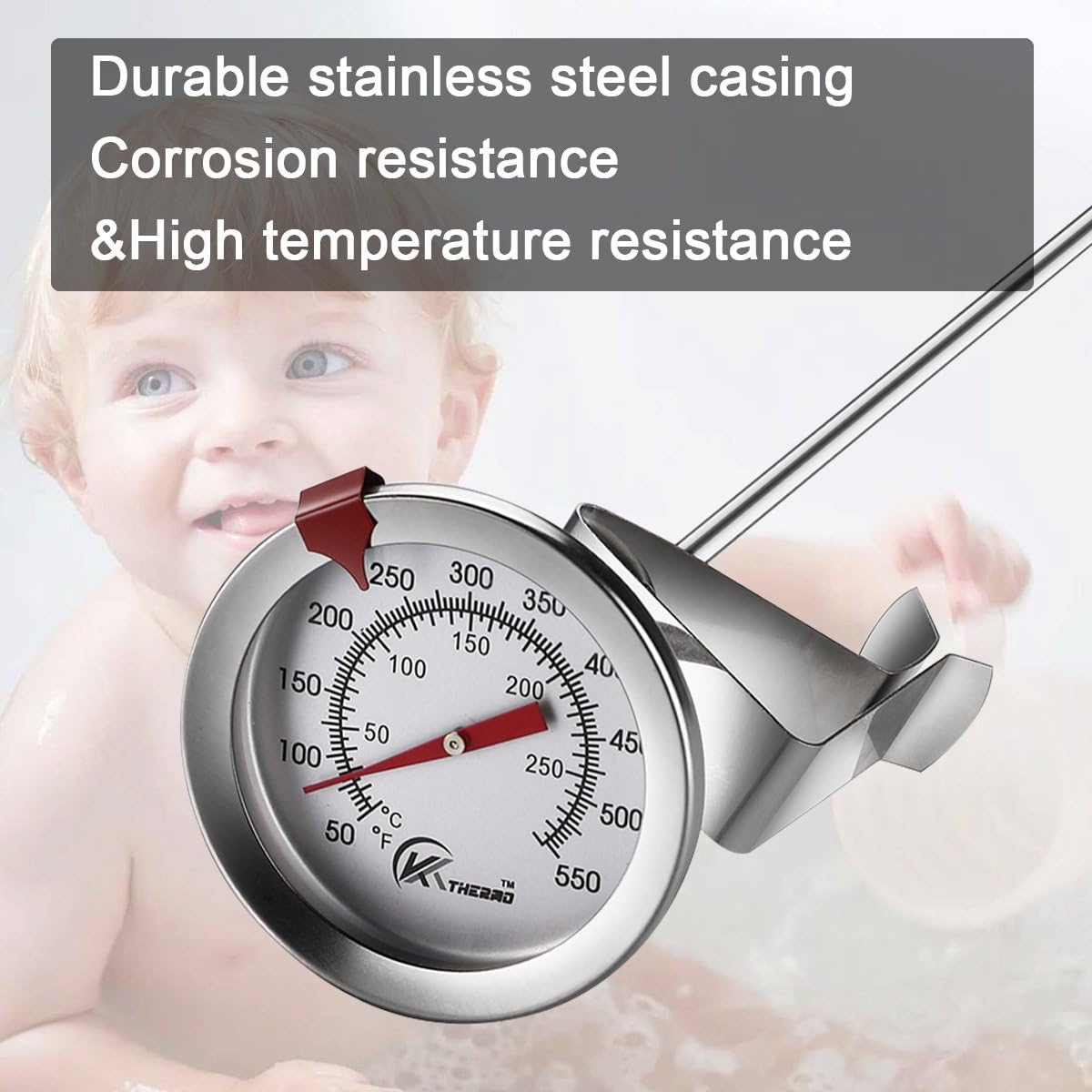 KT THERMO Candy/Deep Fry Thermometer with Instant Read,Dial Thermometer,12" Stainless Steel Stem Meat Cooking Thermometer,Best for Turkey,BBQ,Grill,Analog display