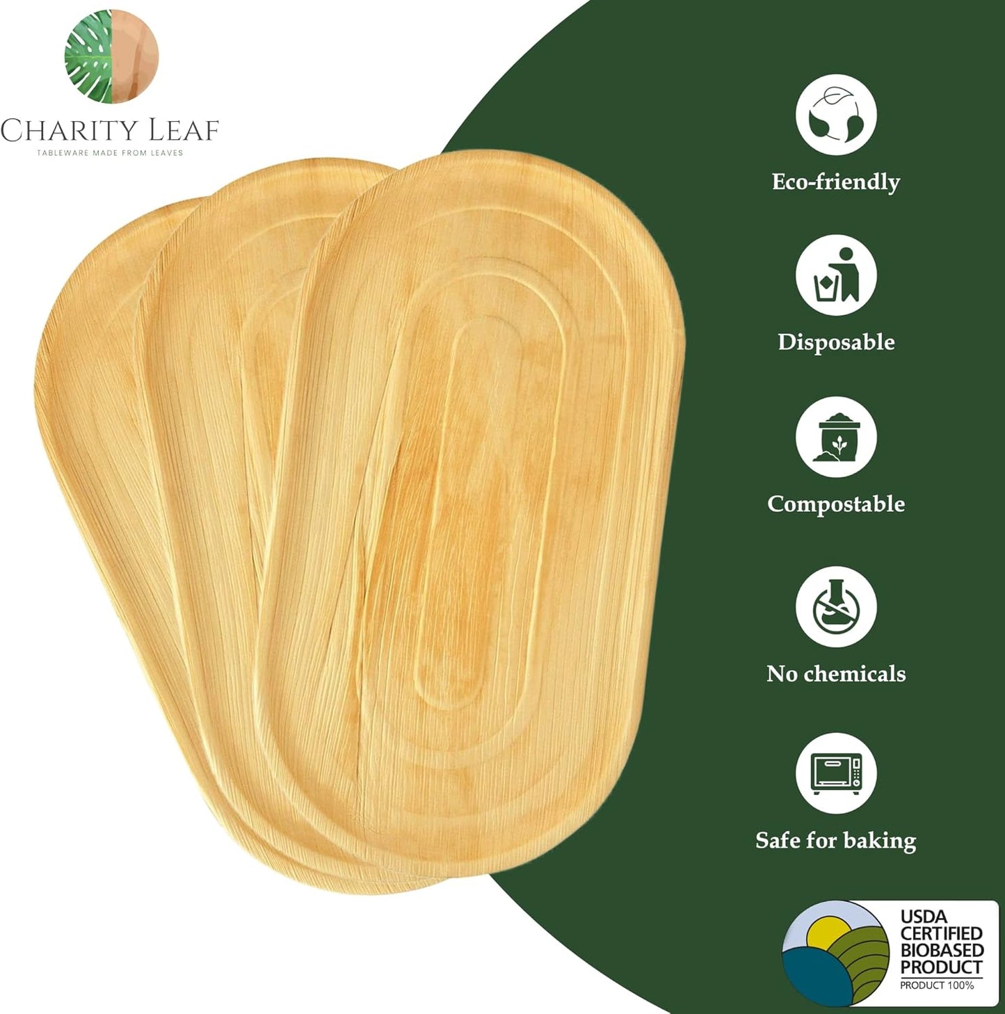 Charity Leaf 50-Pack 22"x12" Palm Leaf Trays | Eco-Friendly, Compostable Platters for Weddings, Charcuterie Boards & Events