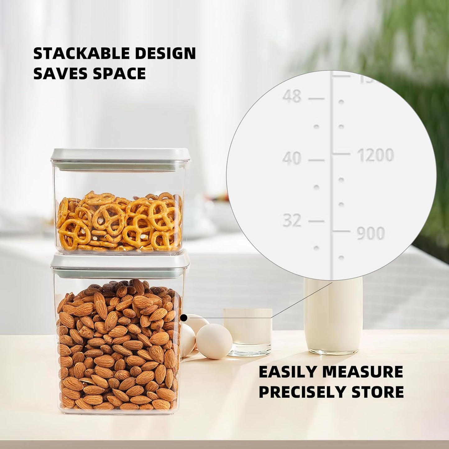 JIMALL Pop Containers for Food Storage, Stackable Food Containers with Lids Airtight, Leak-proof Containers for Cereal Flour & Sugar, 8 Piece Set-3.5Qt,2.9Qt,2.1Qt,1.3Qt