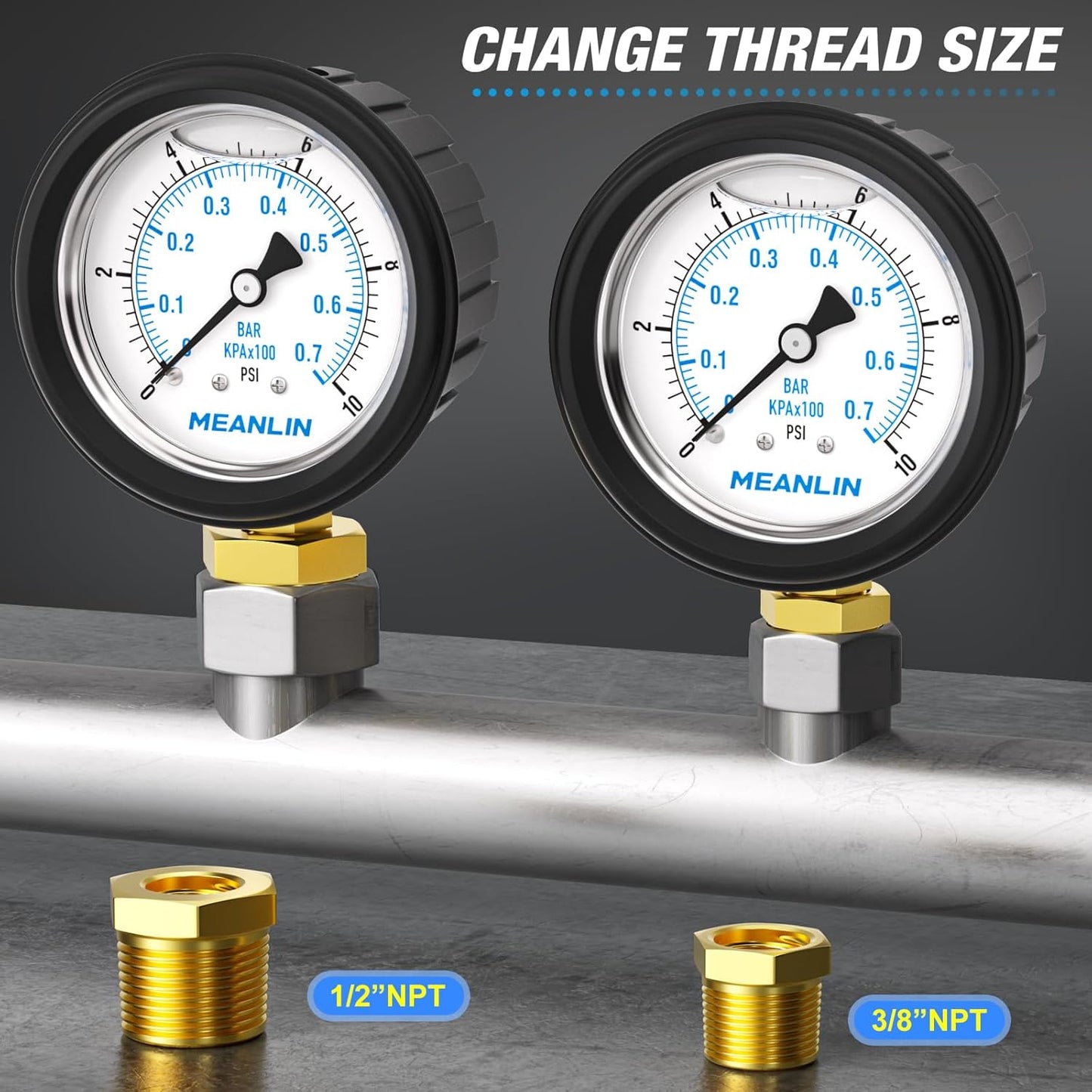 MEANLIN MEASURE 0~10Psi Stainless Steel 1/4" NPT 2.5" FACE DIAL Liquid Filled Pressure Gauge, Lower Mount (with Rubber Protective Sleeve), with 1/2" NPT and 3/8" NPT Hex Bushing