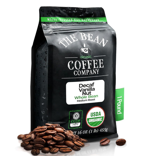 The Bean Organic Coffee Company Water Processed DECAF Vanilla Nut, Medium Roast, Whole Bean Coffee, 16-Ounce Bag
