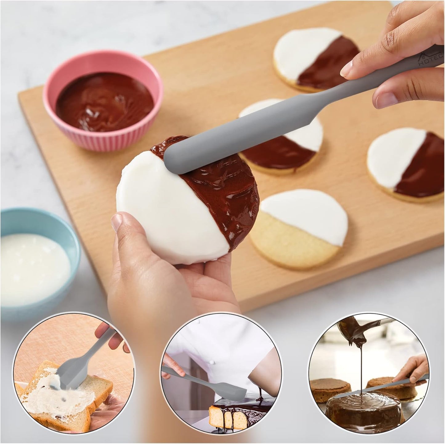 HOTEC 600℉ Heat Resistant BPA-Free Silicone Rubber Spatula Set,Kitchen Cooking Spatulas, Baking, Mixing for Non Stick Cookware, Dishwasher Safe, Set of 5 Grey