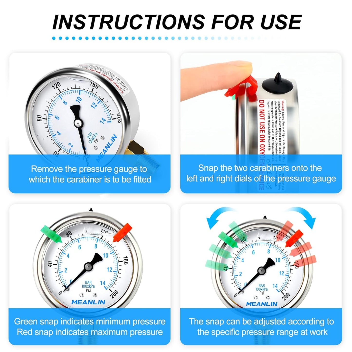 MEANLIN MEASURE 0~200Psi Liquid Filled Pressure Gauge 1/4" NPT 2.5" FACE DIAL Stainless Steel Glycerin Filled WOG Water Oil Air Lower Mount (with 2PCS Snaps)