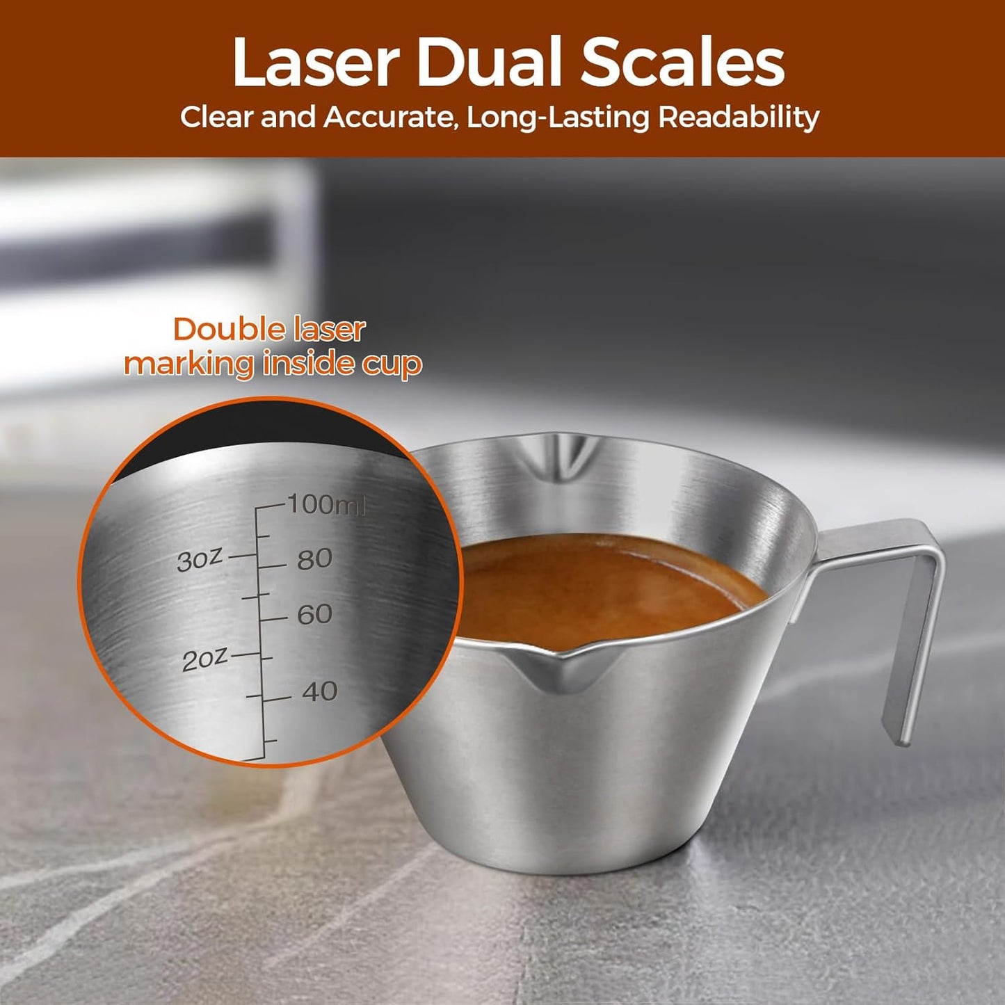 1Pc Stainless Steel Espresso Cups, Double Spout Metal Measuring Cup with Dual Scale, Espresso Shots Cup with Handle, Coffee Bean Weighing (White), 3.4oz/100ml