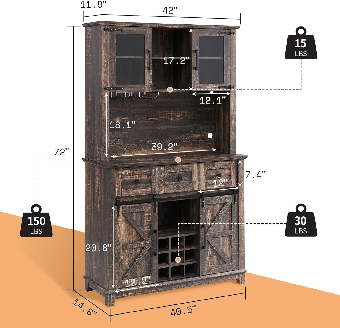 AMERLIFE 72'' Coffee Bar Wine Cabinet with Sliding Barn Door, Farmhouse Kitchen Sideboard, Buffet Storage Table, Wine Glass Racks, 3 Drawers, LED Lights, Tall Hutch Home Bar Dark Rustic Oak