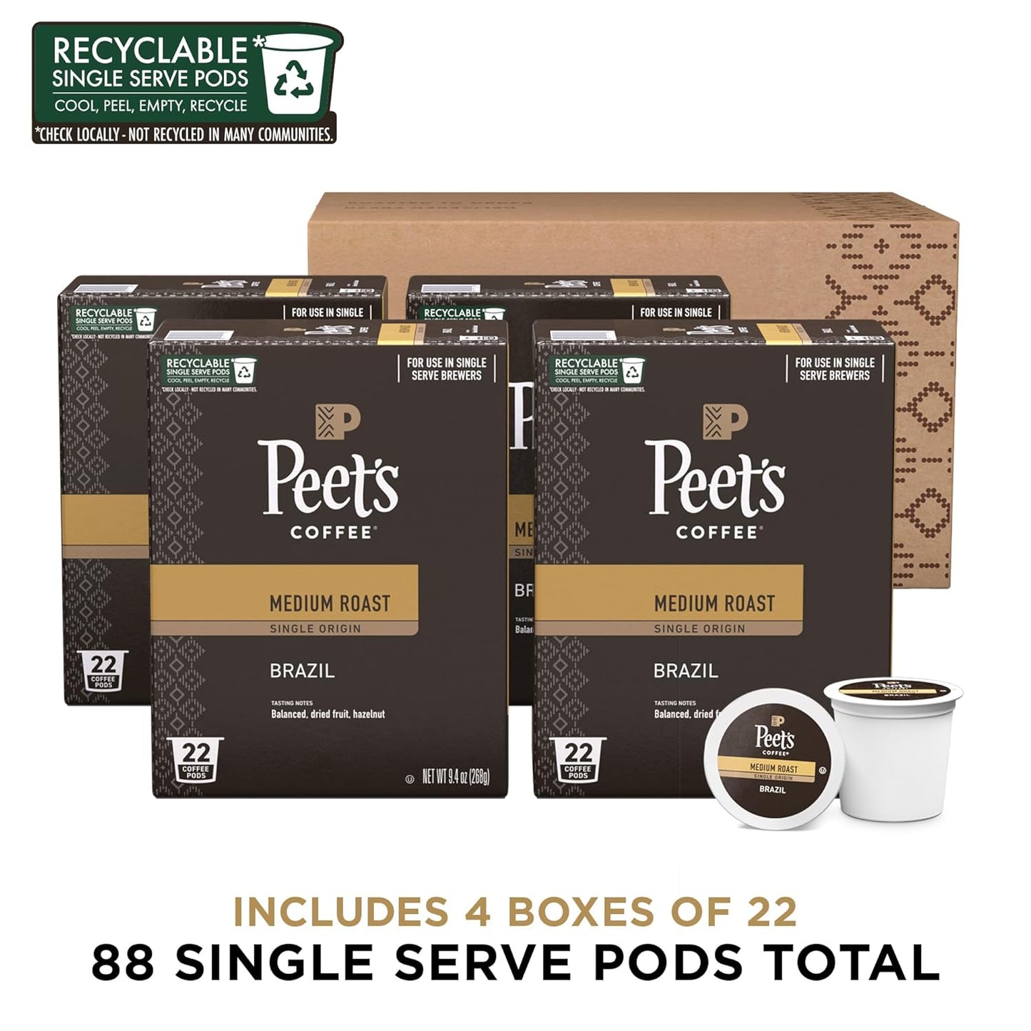 Peet's Coffee, Medium Roast Single Serve Coffee Pods - Single Origin Brazil 88 Count (4 Boxes of 22 Pods)