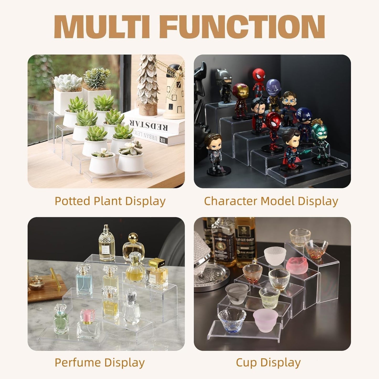 Goabroa 2 Sets 10 Pcs Acrylic Display Risers, Clear Rectangular (7"-8"-9" L) Risers Display Stands, Acrylic Stands for Jewelry, Cupcake, Perfume, Figures