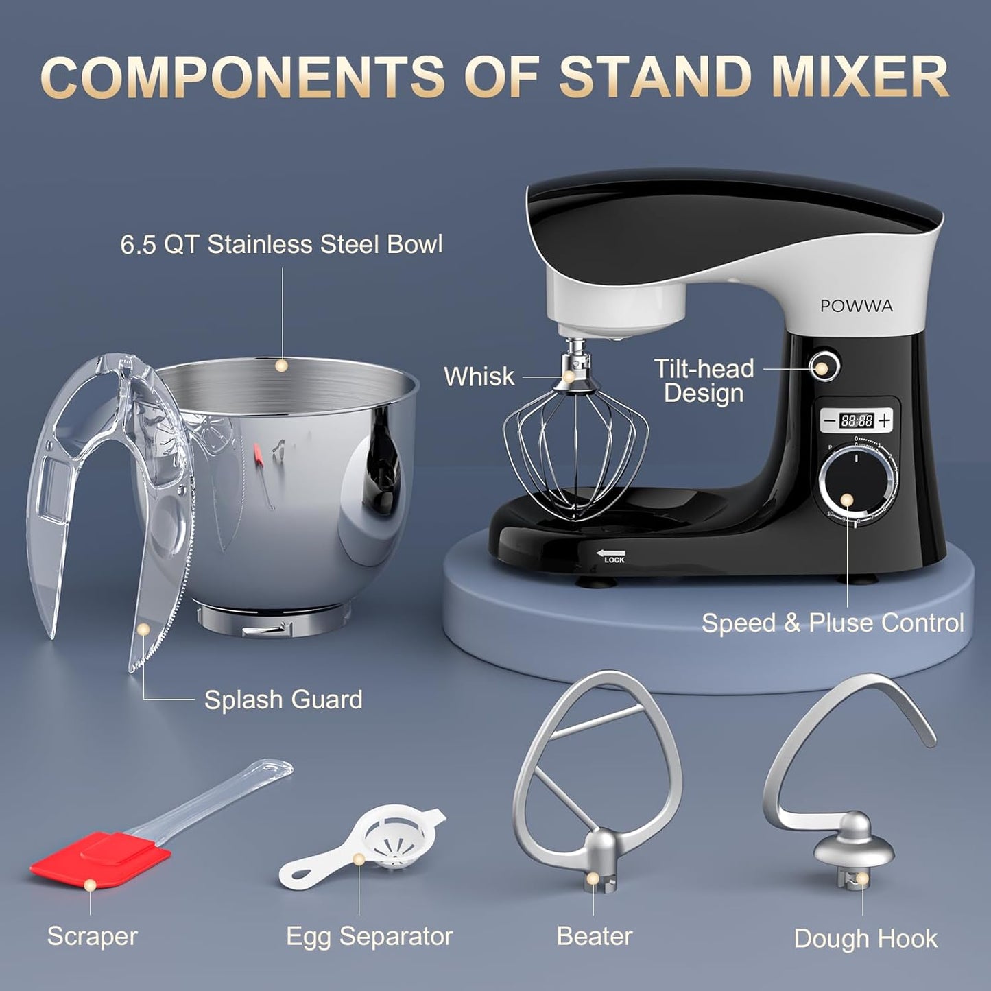 Stand Mixer, POWWA 6.5 QT 10 Speeds Tilt-Head Electric Stand Mixer, 3-In-1 Kitchen Mixer with Bowl, Dough Hook, Whisk and Beater, Food Mixer for Baking and Daily Use (Black White)