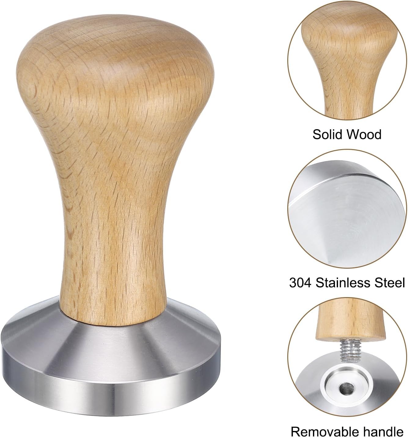 uxcell 58mm Espresso Tamper, Stainless Steel Press Tool Tamper with Wooden Handle, Espresso Accessories for Baristas, Home, Shops, Cafe (Flat Base, Light Wooden)