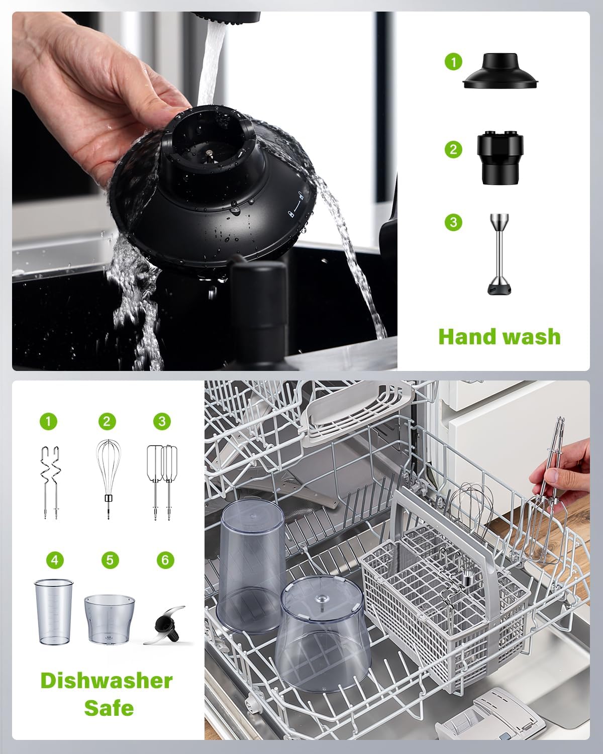 6-in-1 Immersion Blender, 1000W Hand Blender with 20 Speeds, Scratch-Resistant Stick Mixer with Whisk, Chopper, Beaker, Egg Beaters & Dough Hooks – Heavy Duty Hand Mixer, Black