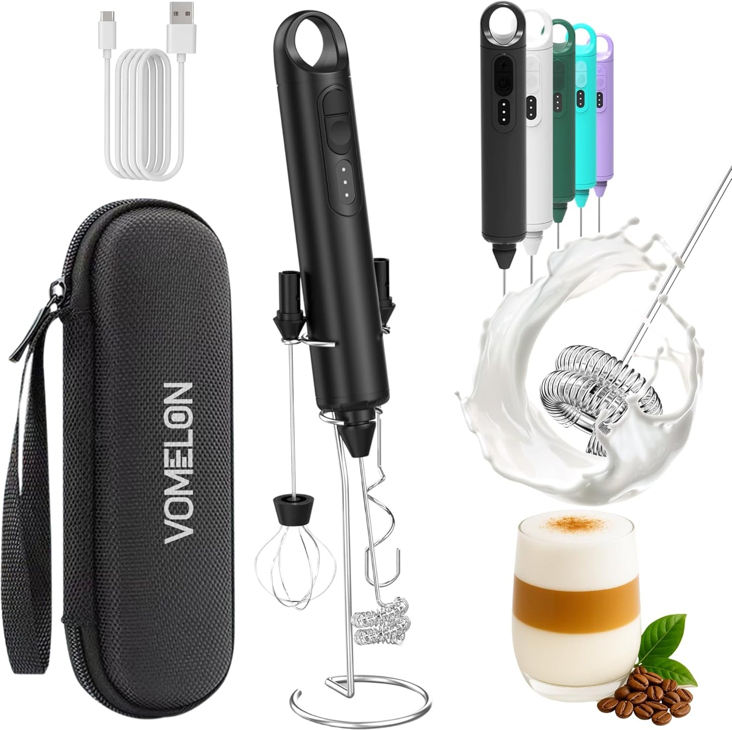 Rechargeable Milk Frother Handheld 3 Speed Coffee Foamer [3 Whisk] Electric Drink Mixer for Latte, Cappuccino, Coffee, Eggs, Hot Chocolate, Protein Black