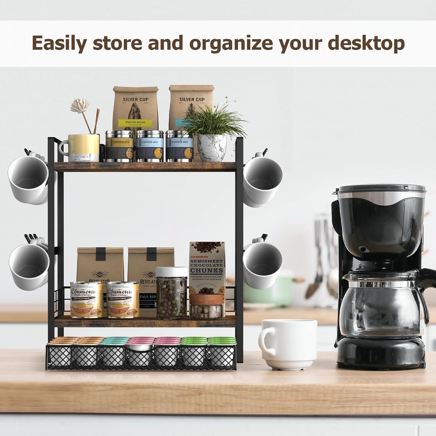 Coffee Station Organizer, 3 Tier Bar Organizer for Countertop, Mug Cup Holder Stand With 12 Hooks and 28 K Cup Storage for Kitchen, Home & Office, Rustic Brown