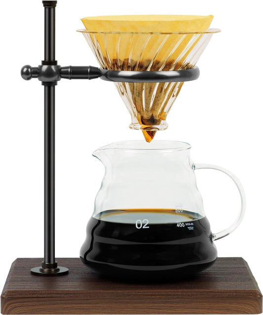 L'?PIC?A Pour Over Coffee Maker Set, Pour Over Coffee Maker with Stand, Adjustable Stainless Steel Stand, Wooden Base, Paper Filters, Cone Glass Carafe, Pour Over Coffee Dripper (Black)