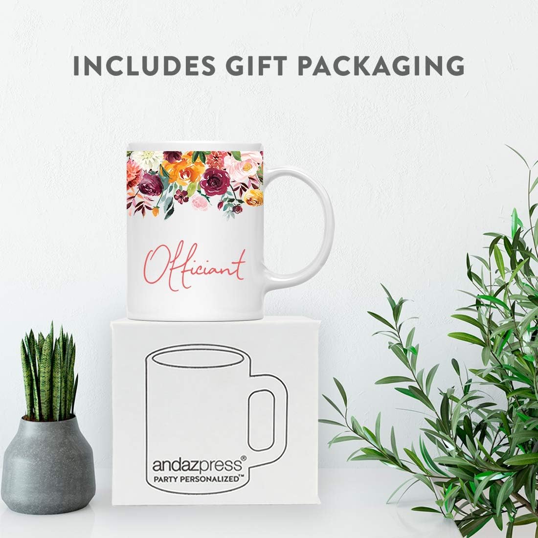 Andaz Press 11oz. Wedding Ceramic Coffee Tea Mug Gift, Fall Autumn Burgundy Orange Peach Flowers Roses Florals, Officiant, 1-Pack, Includes Gift Box