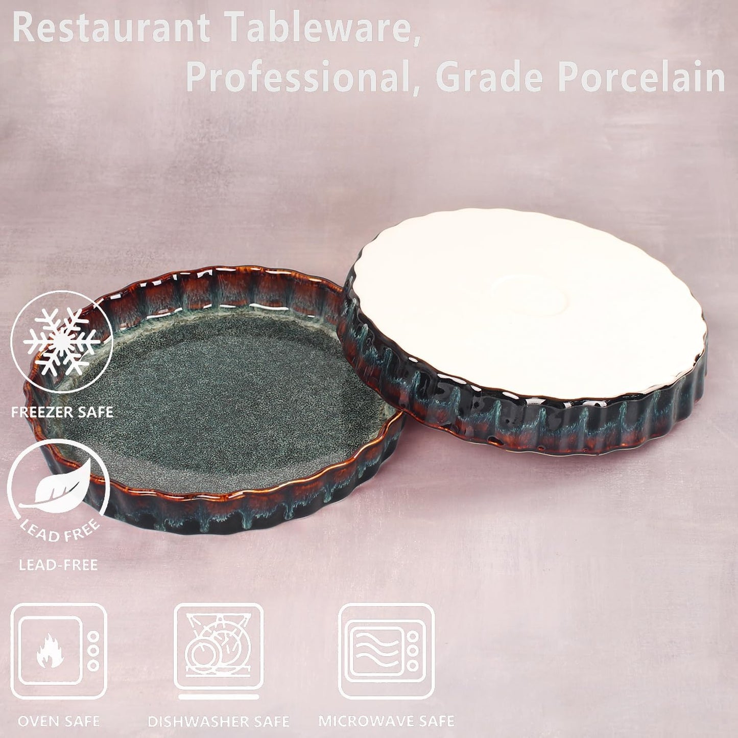 Ceramic Pie Pan Quiche Baking Dish, 9 Inch Round Ruffled Edge Au Gratin Baking Dishes, 27 Ounces Non-Stick Pie Dish, Tart Pan, Pie Plate for Apple, Oven, Dishwasher and Microwave Safe