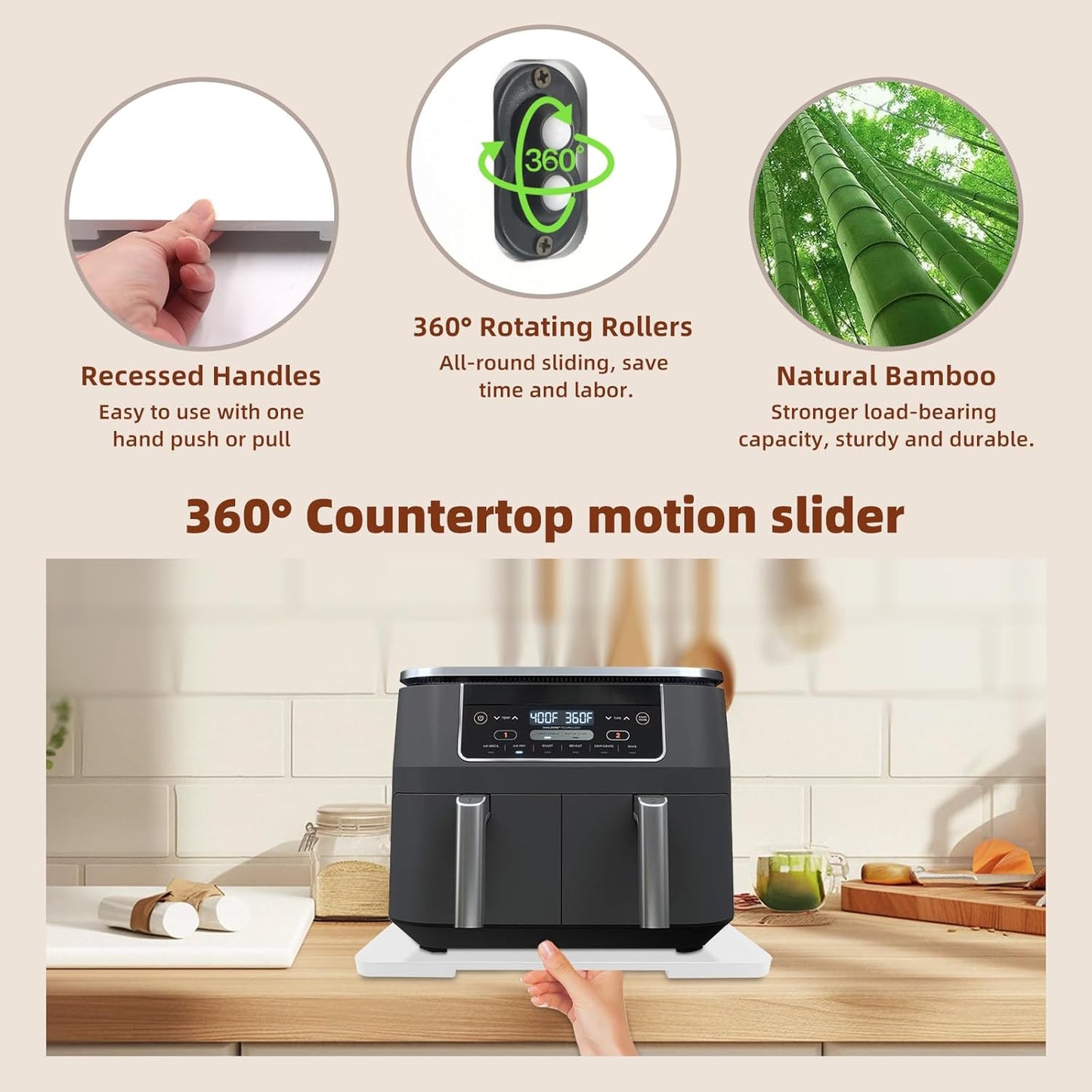 360° Rolling Tray Bamboo Appliance Slider for Kitchen Appliances, for Breville Espresso Machine Accessories, Sliding Tray for Coffee Maker Appliances Mat Easily from Under The Cabinet White13"×15.7"