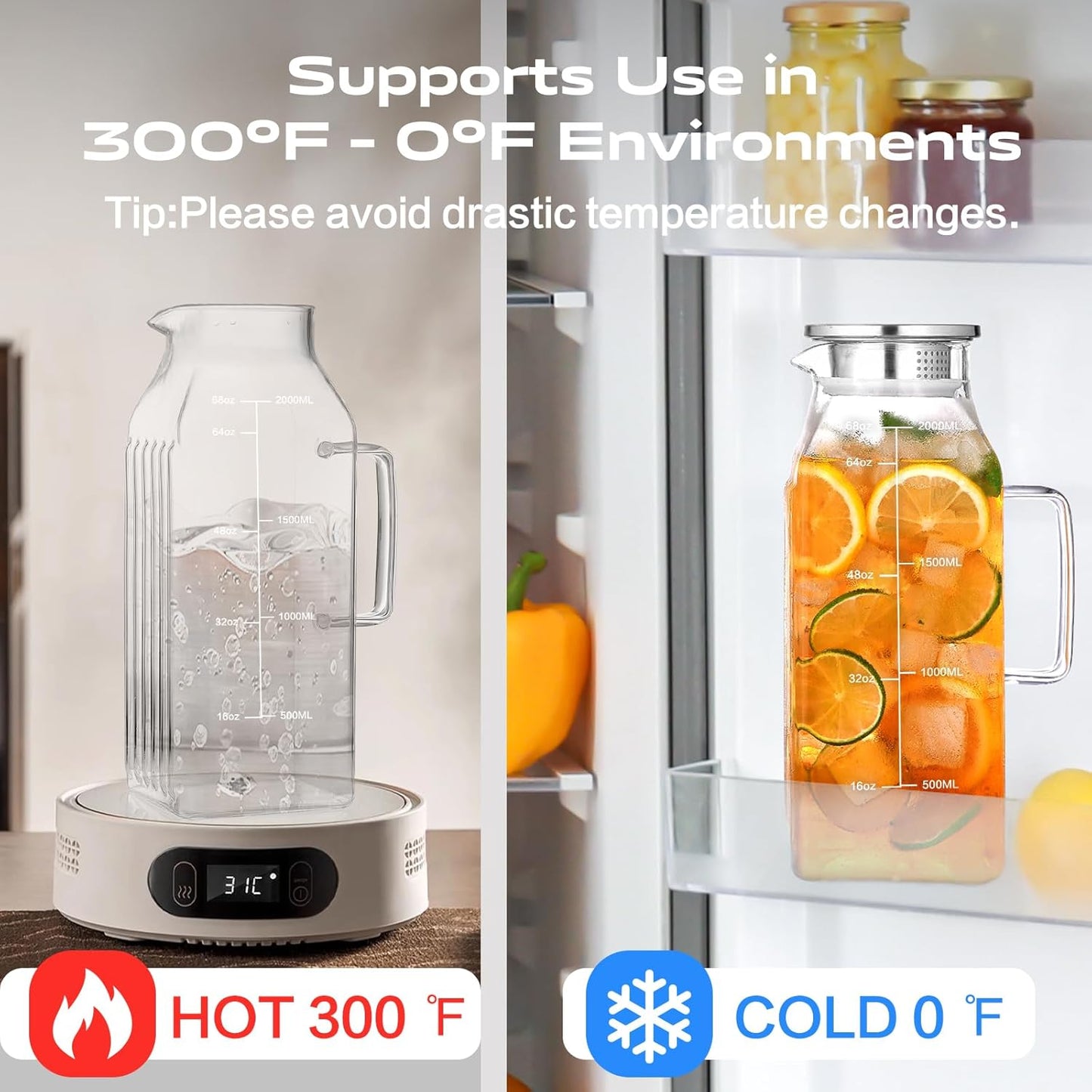 2 Liters/68oz 2 Pack Square Glass Pitcher with Lid and Handle for Bridge Door, Aofmee Borosilicate Glass Heat Resistant Dishwasher Safe Iced Tea Jar, Carafe with Scale Line for Hot/Cold Beverage