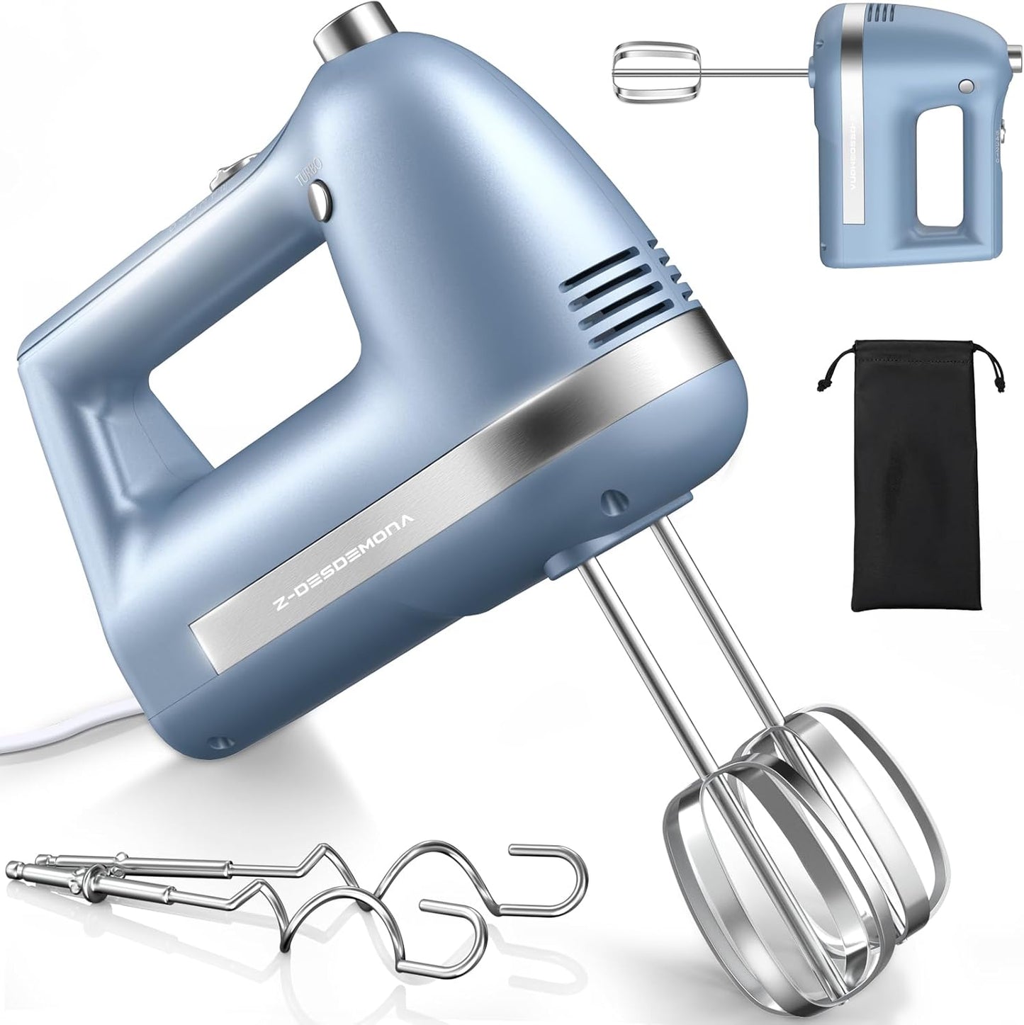 Electric Hand Mixer, Powerful 300W Hand Mixer Electric Handheld with 304 Beaters, Dough Hook, Hand Held Mixer with Turbo for Baking Cakes, Eggs, Cream Food(Blue)