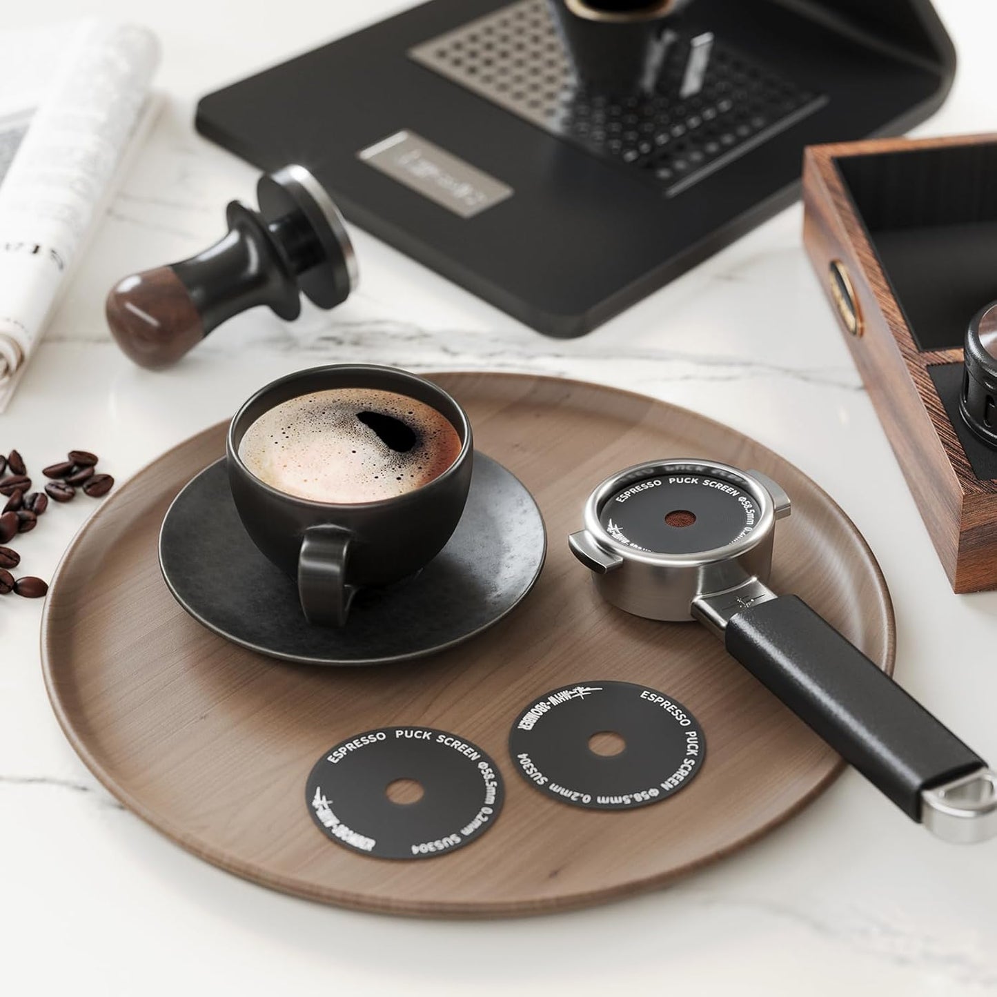 MHW-3BOMBER 58mm Espresso Puck Screen - 0.2mm Ultra Thin Espresso Puck with Round Hole - Reusable Coffee Filter for La Marzocco/Gaggia - Puck Screen 58mm with Titanium Coating FG7049B-OS
