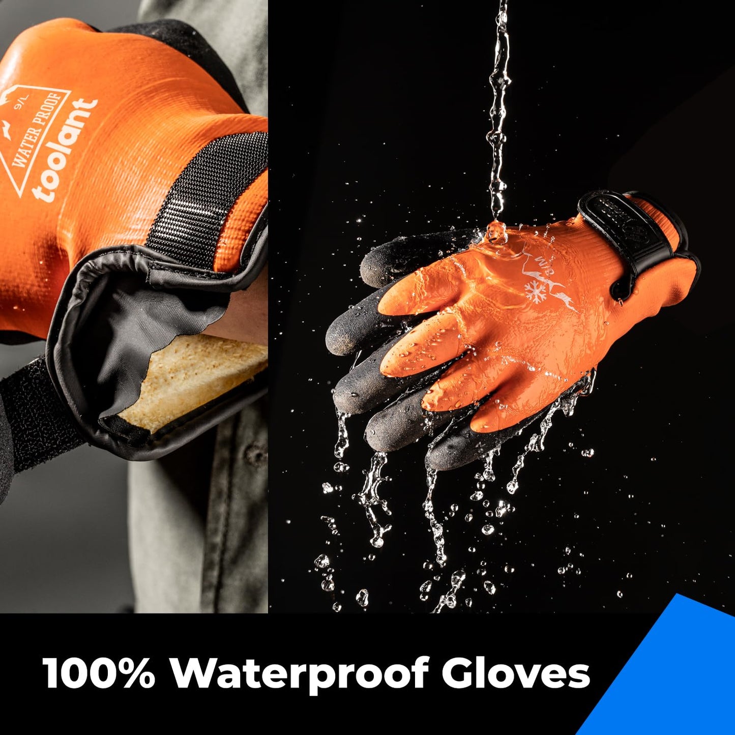 toolant 100% Waterproof Gloves Bulk Pack, 3 Pairs, Winter Work Gloves for Cold Weather, Touchsreen, Warm Freezer Gloves, Thermal Insulated, With Grip, Orange, Medium