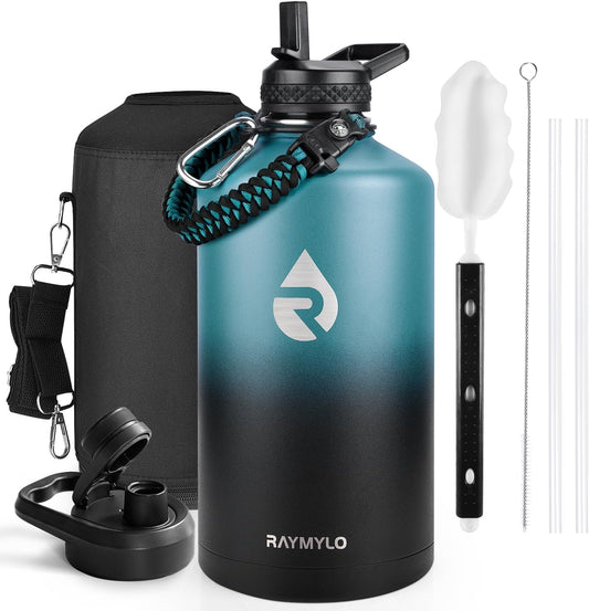 One Gallon Water Bottle Insulated, Triple Walled Vacuum Stainless Steel (Cold for 48 Hrs), Leak Proof & Non-BPA, Large Water Flask Jug with Paracord Handle & Straw Spout Lids