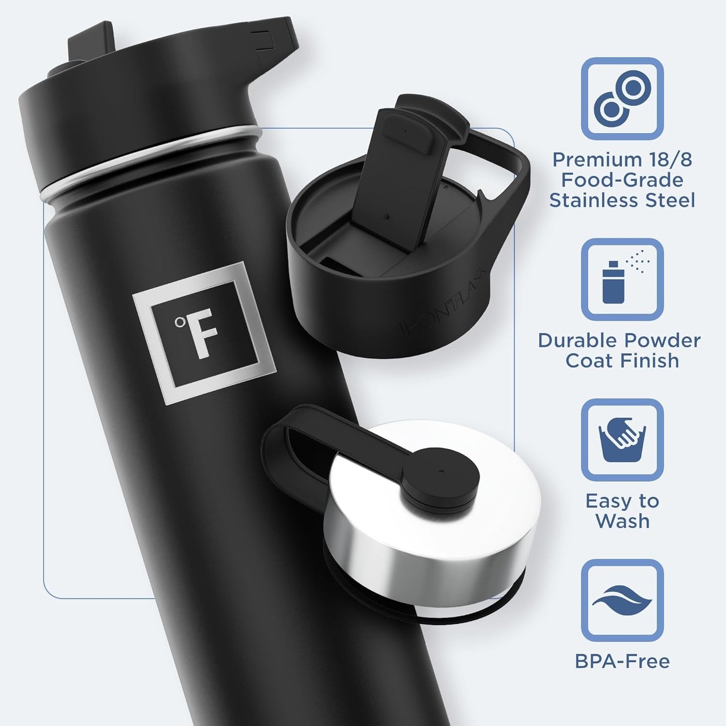 IRON °FLASK Camping & Hiking Hydration Flask with 3 Lids - Stainless Steel, Double Walled & Vacuum Insulated Water Bottle - Leak Proof & BPA Free (Burgundy, Straw - 22 oz)
