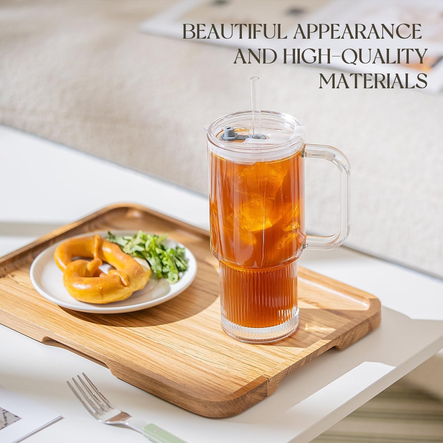 KEMORELA 2-Pack 26oz Ribbed Glass Tumblers with Handle and Lid – Large Aesthetic Iced Coffee Cups with Straws, Modern Textured Glass Mugs for Smoothies, Tea, Juice & Cold Beverages, Dishwasher Safe
