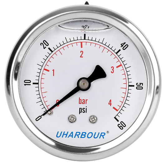 Glycerin Filled Low Pressure Gauge 60psi/4bar, Stainless Steel case, Brass Inside Construction, 2-1/2" dial, 1/4" NPT Back Connection¡¦