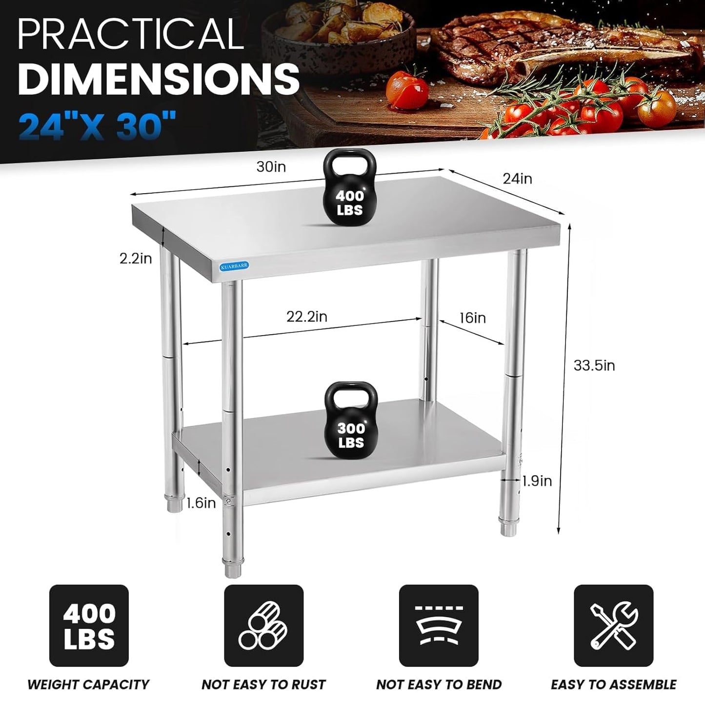 Stainless Steel Table for Prep & Work with Undershelf 24 x 30 Inches NSF Metal Commercial Kitchen Prep Table with Adjustable Under Shelf Worktable for Restaurant Home Outdoor