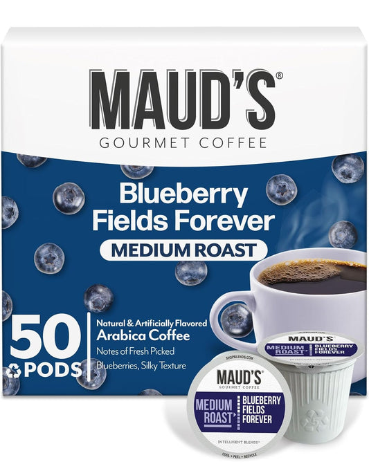 Maud's Blueberry Flavored Coffee Pods, 50 ct, Medium Roast Flavored Coffee in Recyclable Single Serve Pods – 100% Arabica Beans, Compatible with Keurig K Cups Maker