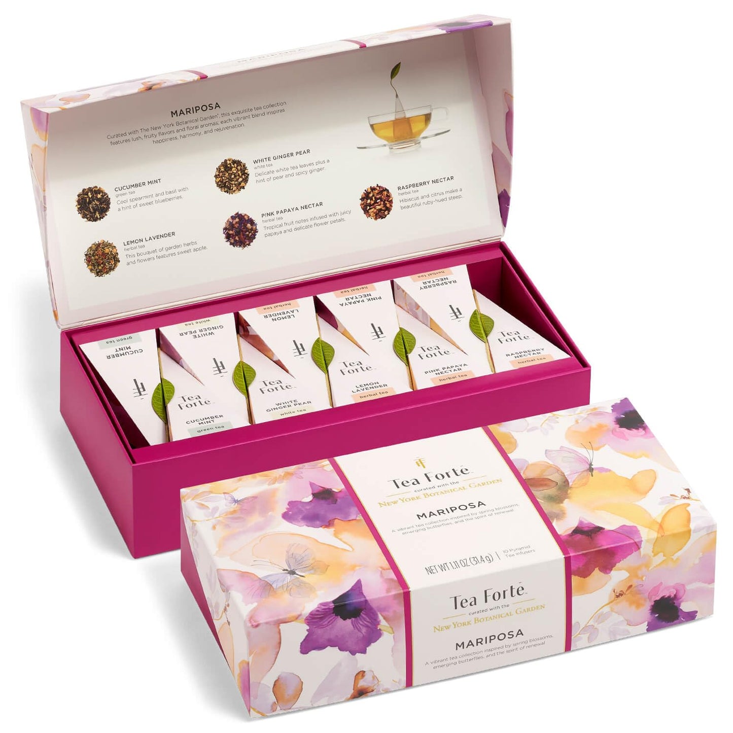 Tea Forte Mariposa Premium Tea Petite Presentation Box Tea Gift Sampler, 10 Count, 1 of Each Variety Individually Wrapped Handcrafted Pyramid Infuser Bags